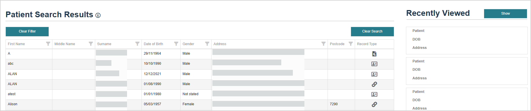 Patient search results after searching from the dashboard