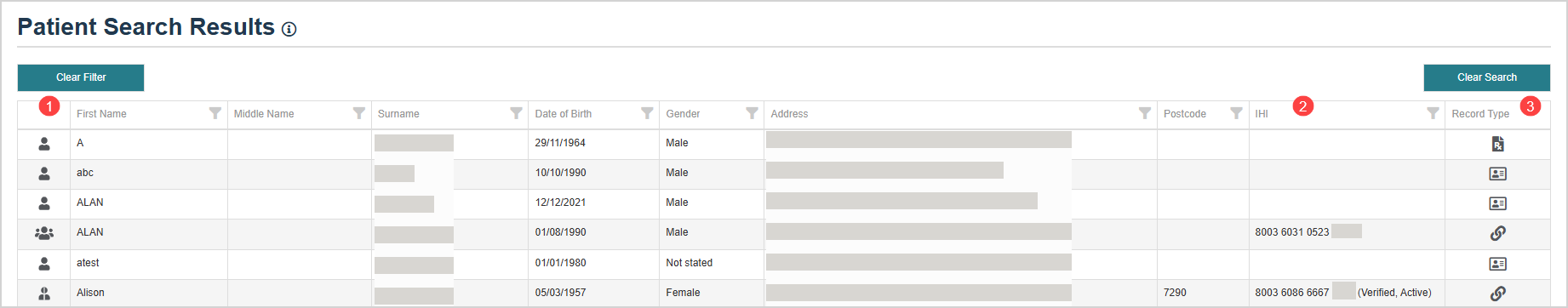 Patient search results after searching from the search menu